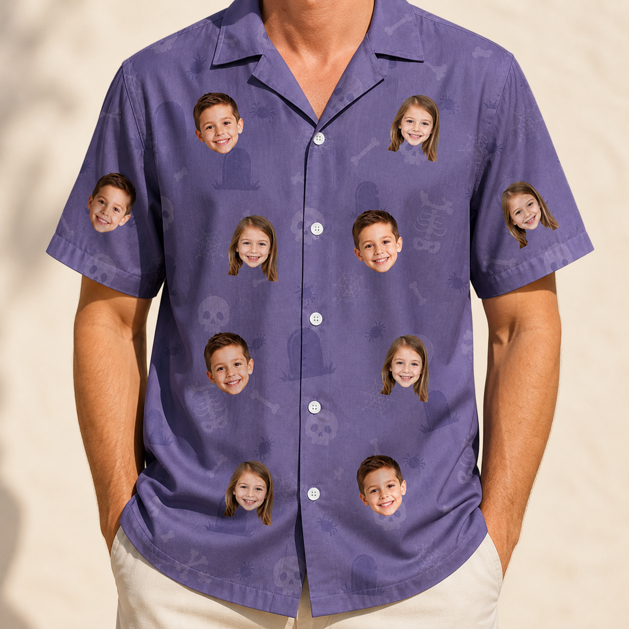 Model wearing Men's Cemetery Chuckles Custom Face Hawaiian Shirt printed with kids' faces