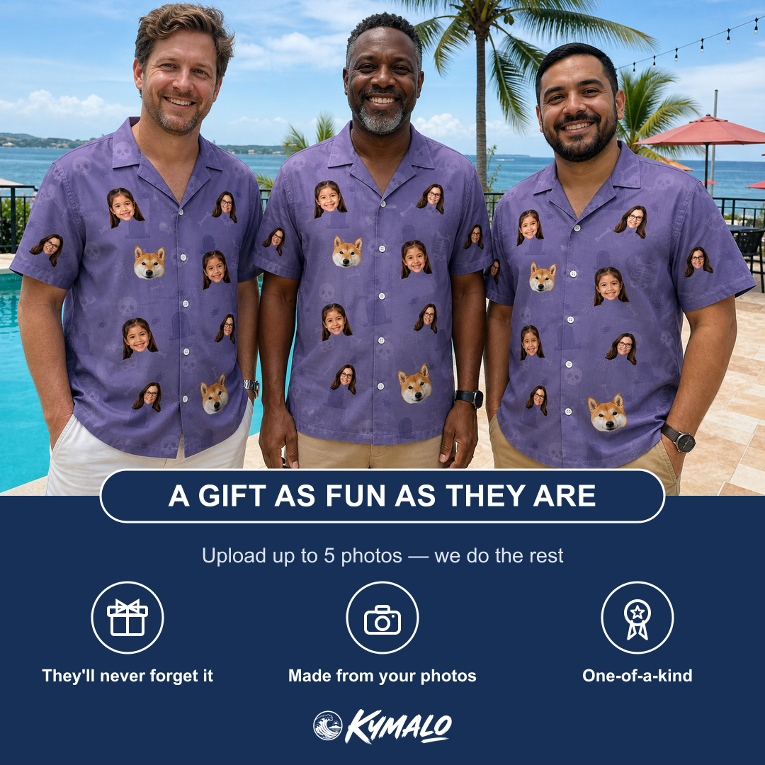 Friends in matching Men's Cemetery Chuckles Custom Face Hawaiian Shirt — a group gift photo
