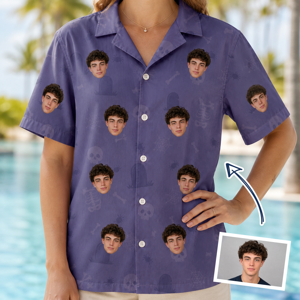 Woman wearing Women's Cemetery Chuckles Custom Face Hawaiian Shirt — custom faces printed all-over