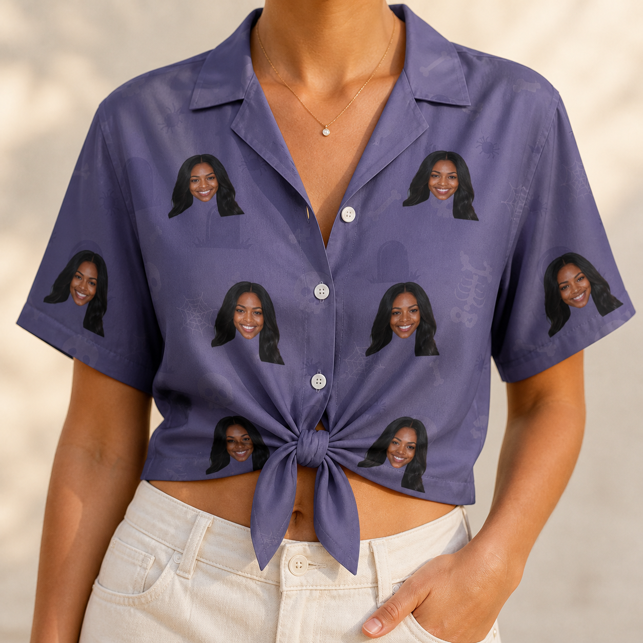 Woman wearing Women's Cemetery Chuckles Custom Face Hawaiian Shirt tied at the waist