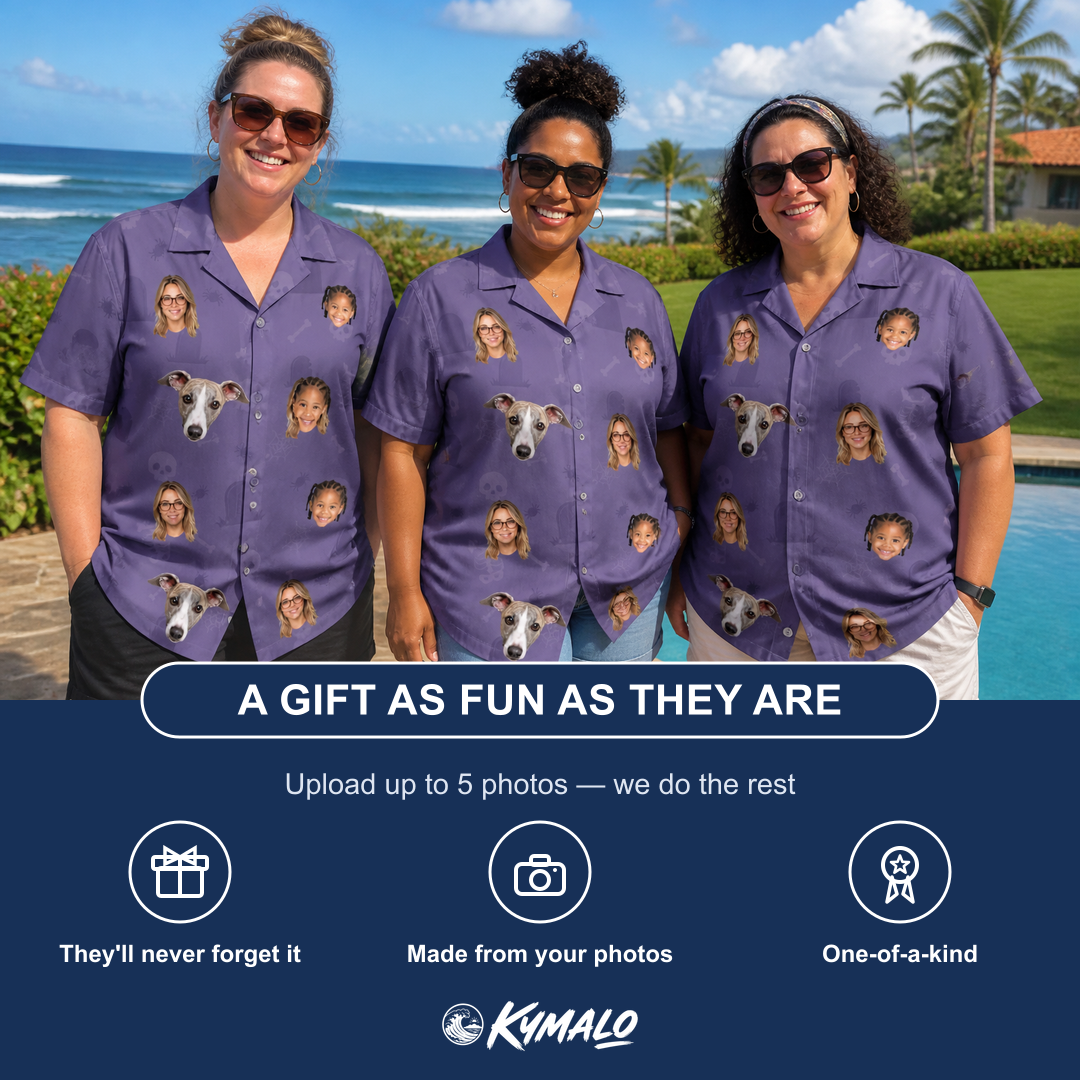 Friends in matching Women's Cemetery Chuckles Custom Face Hawaiian Shirt — a group gift photo