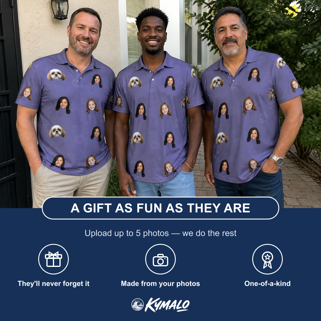 Friends in matching Men's Cemetery Chuckles Custom Face Polo Shirt — a group gift photo