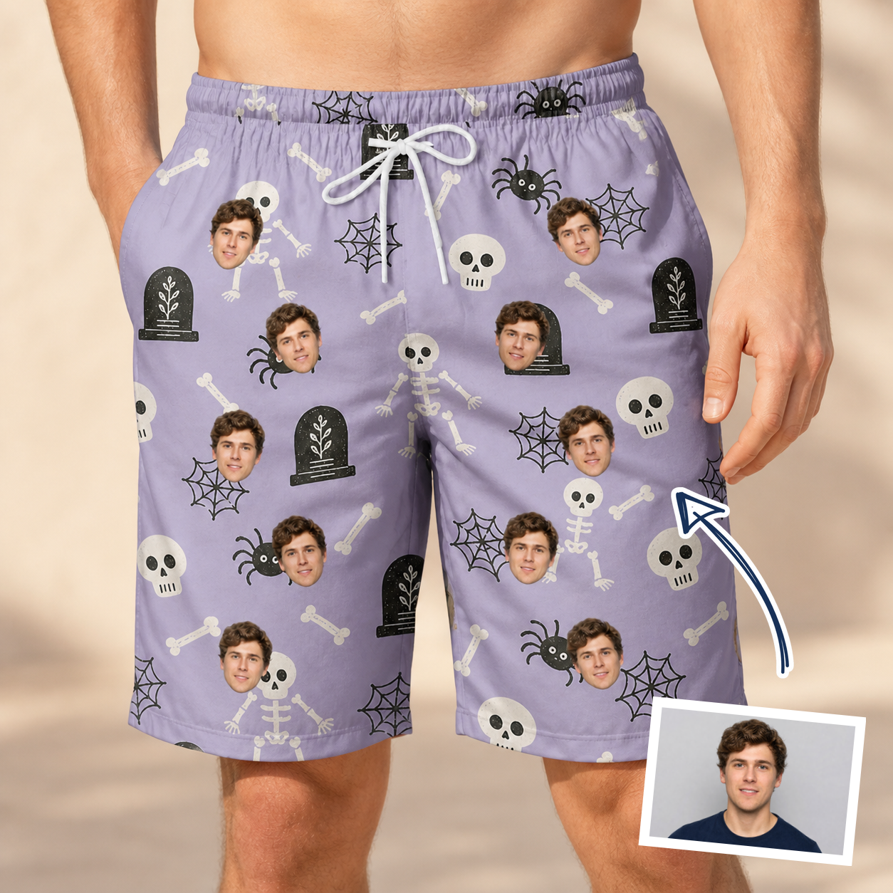 Man wearing Men's Grinning Gravestones Custom Face Beach Shorts — custom faces printed all-over