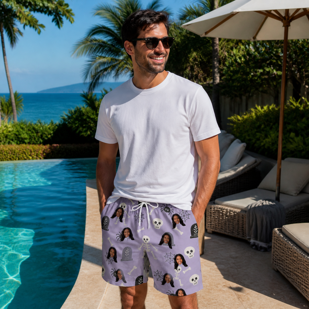 Real-life photo of someone wearing Men's Grinning Gravestones Custom Face Beach Shorts — custom faces printed all-over