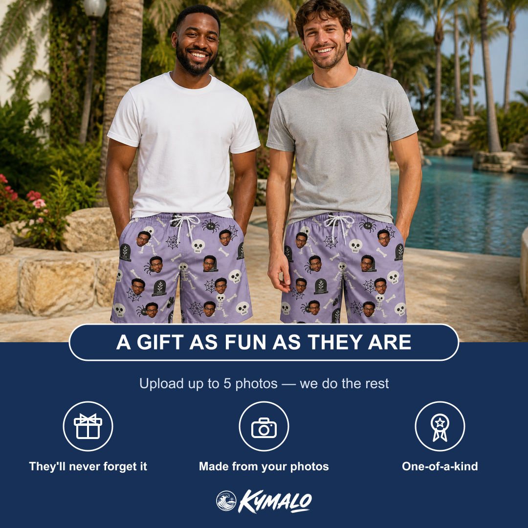 Friends in matching Men's Grinning Gravestones Custom Face Beach Shorts — a group gift photo