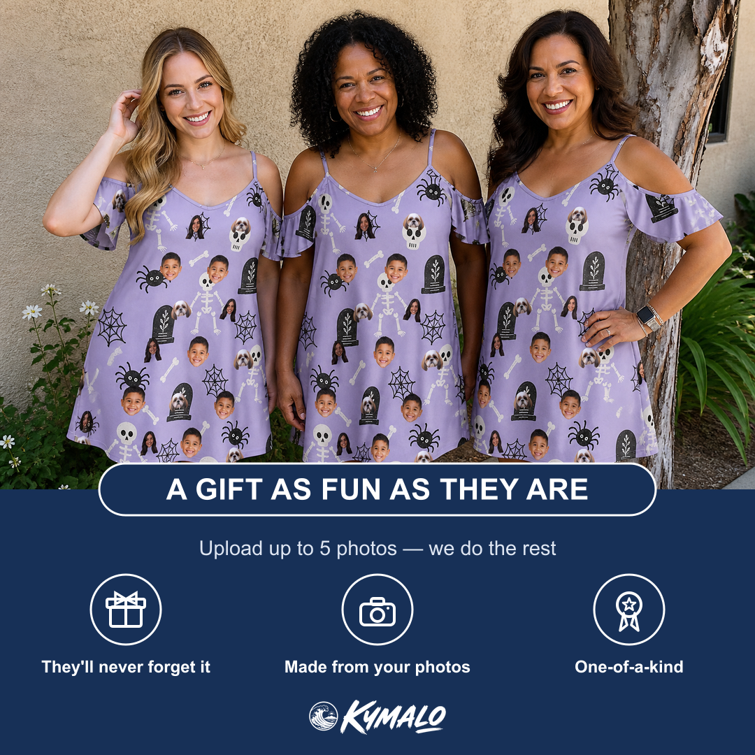 Friends in matching Women's Grinning Gravestones Custom Face Off-Shoulder Dress — a group gift photo