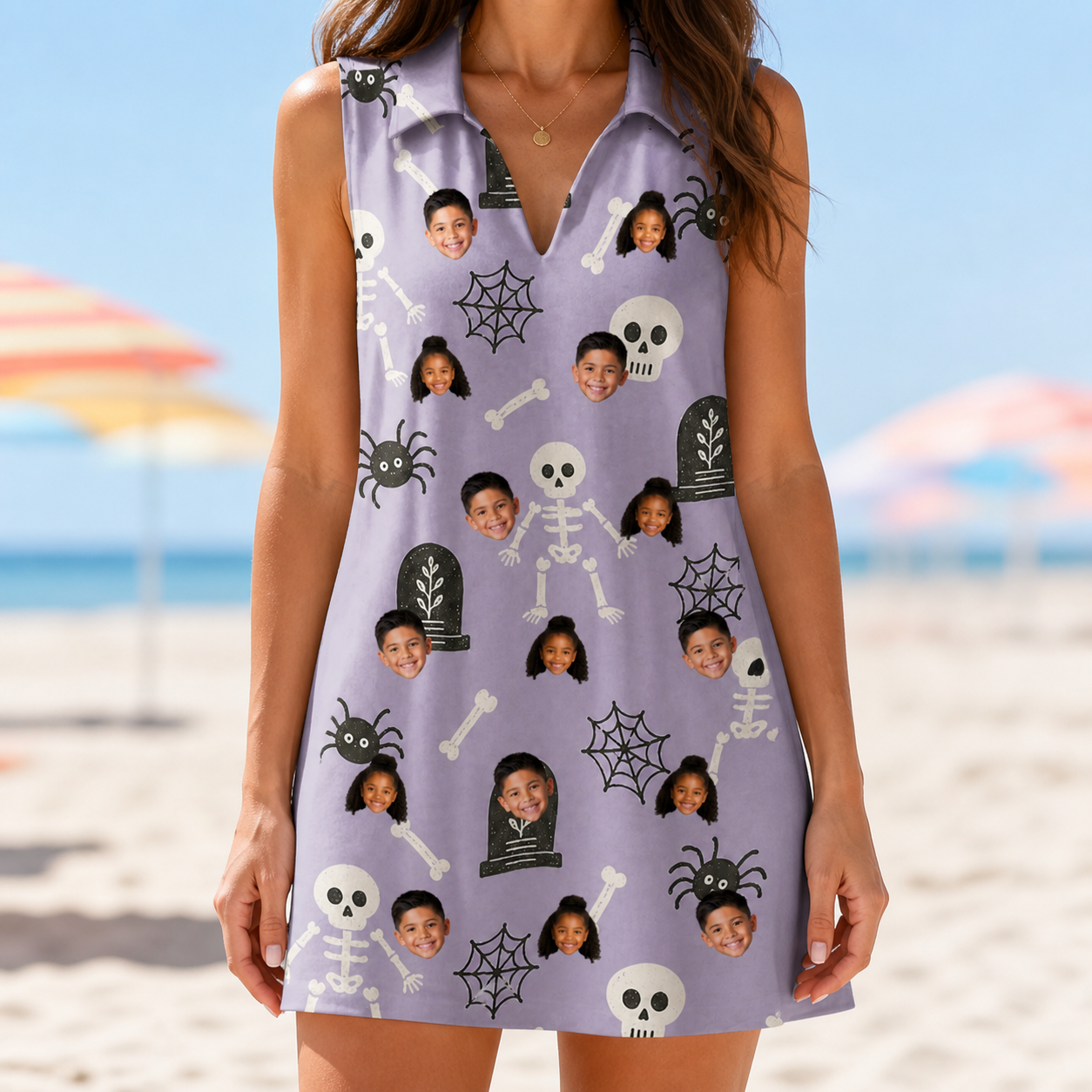 Model wearing Women's Grinning Gravestones Custom Face V-Neck Dress printed with kids' faces