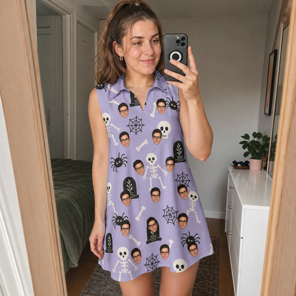 Real-life photo of someone wearing Women's Grinning Gravestones Custom Face V-Neck Dress — custom faces printed all-over