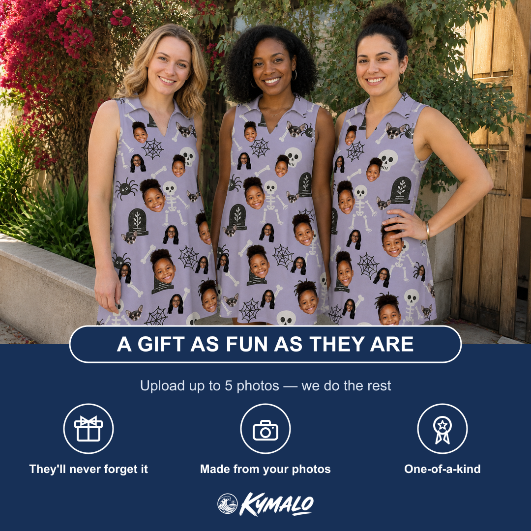 Friends in matching Women's Grinning Gravestones Custom Face V-Neck Dress — a group gift photo