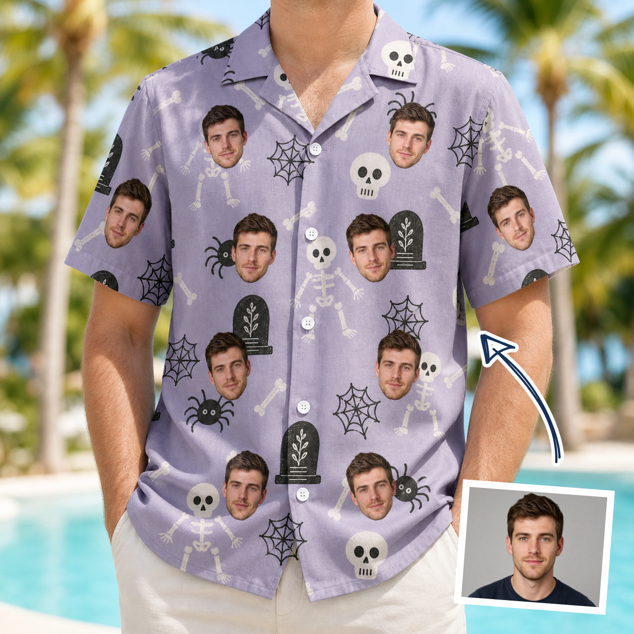 Man wearing Men's Grinning Gravestones Custom Face Hawaiian Shirt — custom faces printed all-over