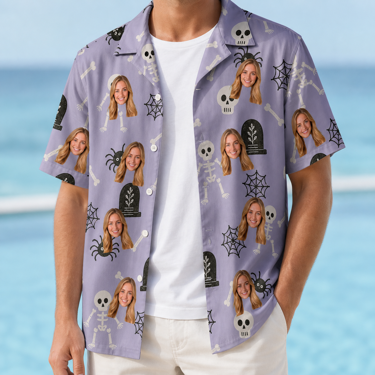 Man wearing Men's Grinning Gravestones Custom Face Hawaiian Shirt open over a white tee