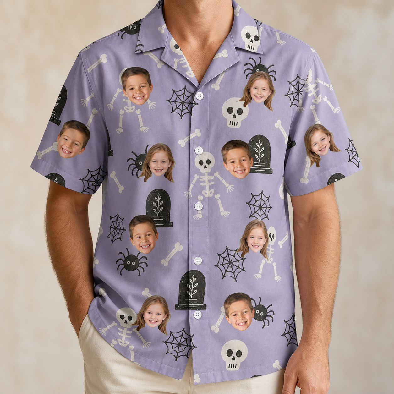 Model wearing Men's Grinning Gravestones Custom Face Hawaiian Shirt printed with kids' faces