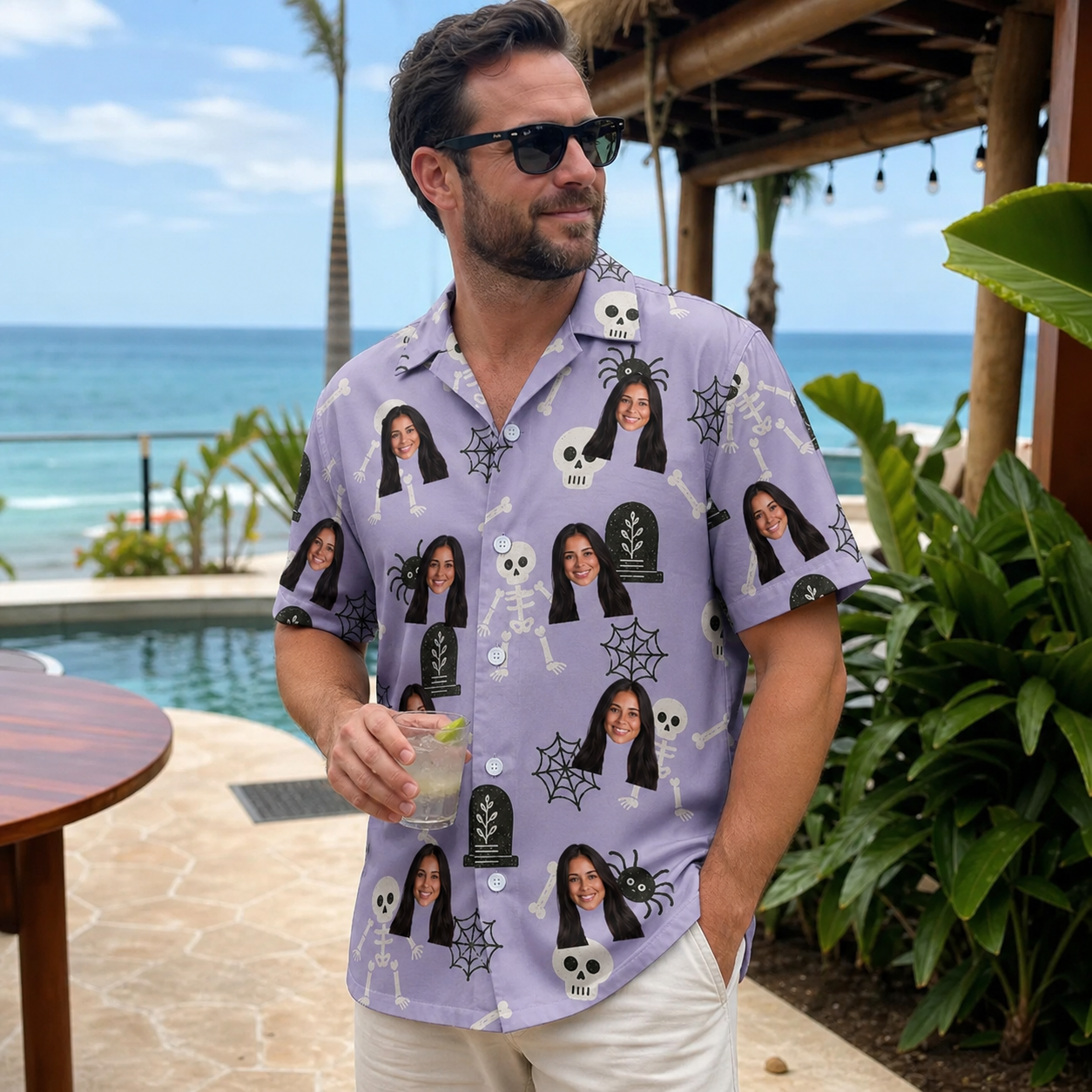Real-life photo of someone wearing Men's Grinning Gravestones Custom Face Hawaiian Shirt — custom faces printed all-over