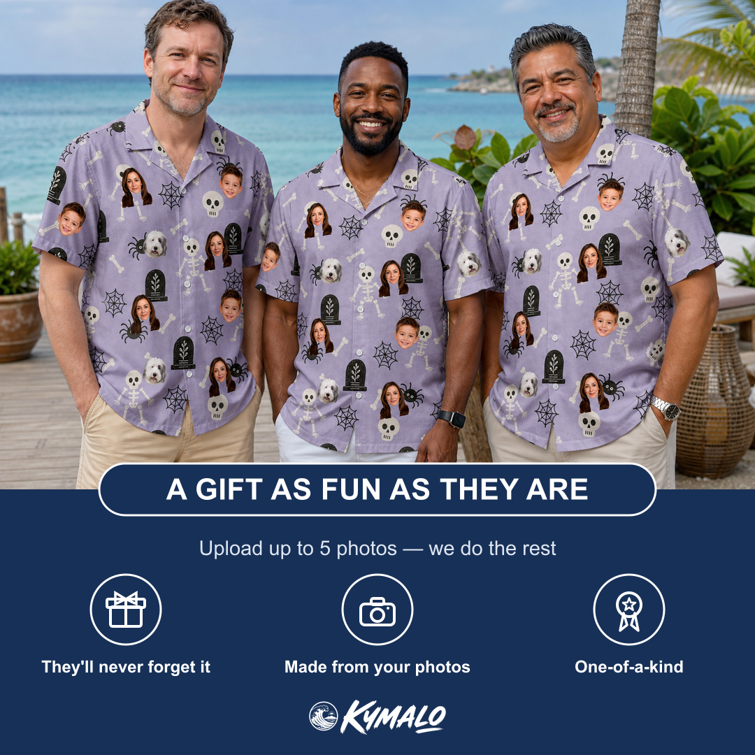 Friends in matching Men's Grinning Gravestones Custom Face Hawaiian Shirt — a group gift photo