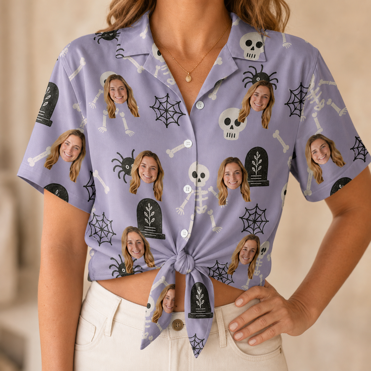 Woman wearing Women's Grinning Gravestones Custom Face Hawaiian Shirt tied at the waist