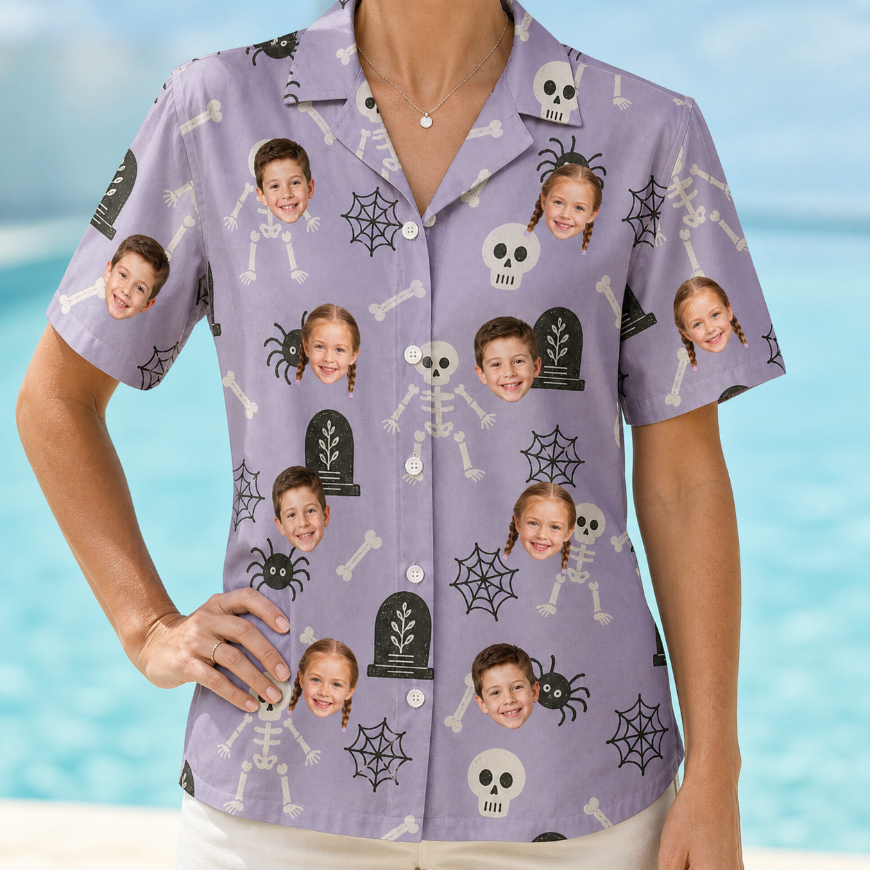 Model wearing Women's Grinning Gravestones Custom Face Hawaiian Shirt printed with kids' faces