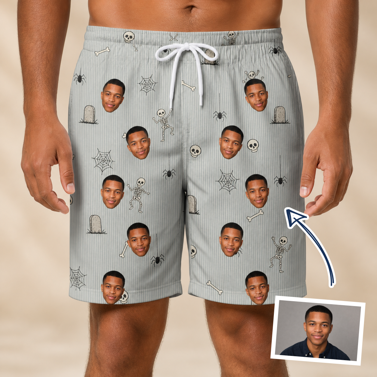 Man wearing Men's Tombstone Tango Custom Face Beach Shorts — custom faces printed all-over
