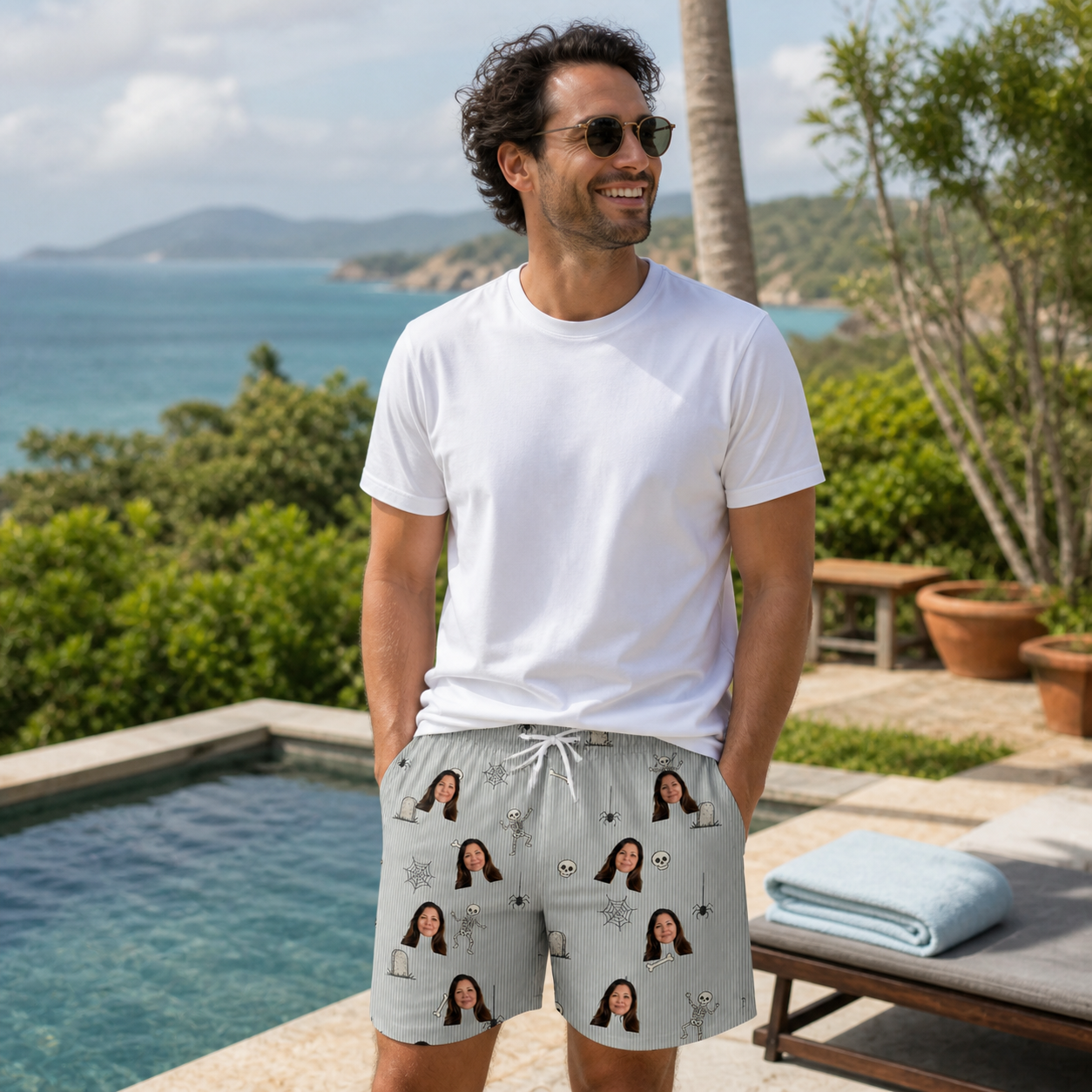 Real-life photo of someone wearing Men's Tombstone Tango Custom Face Beach Shorts — custom faces printed all-over