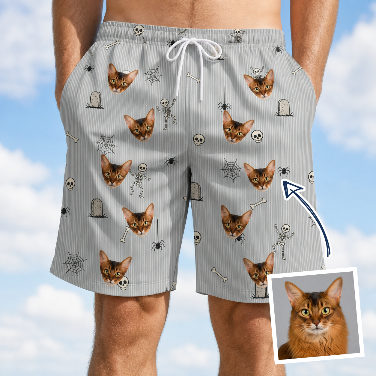 Man wearing Men's Tombstone Tango Custom Cat Face Beach Shorts — custom faces printed all-over