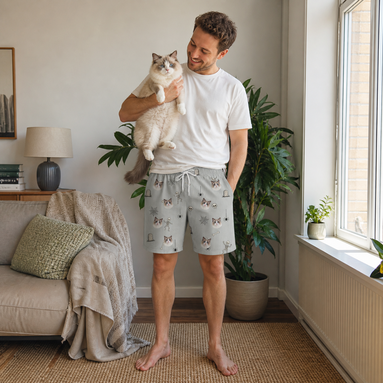 Full-length photo with the pet printed all over this Men's Tombstone Tango Custom Cat Face Beach Shorts