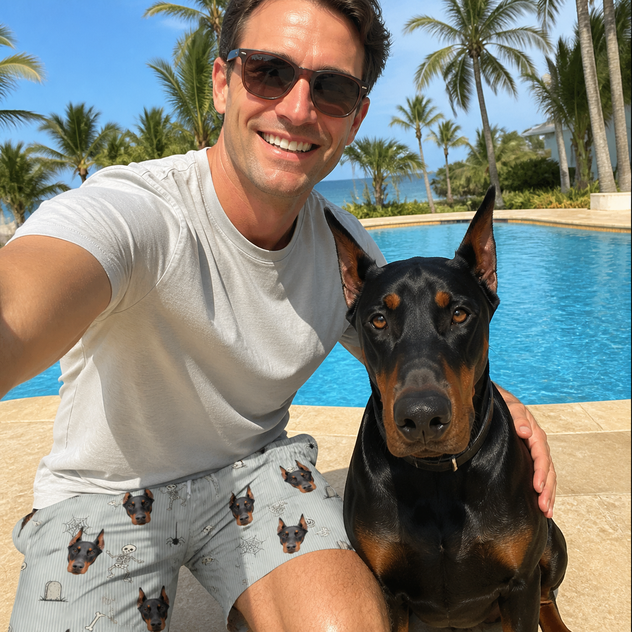 Selfie with the pet whose face is printed all over this Men's Tombstone Tango Custom Dog Face Beach Shorts