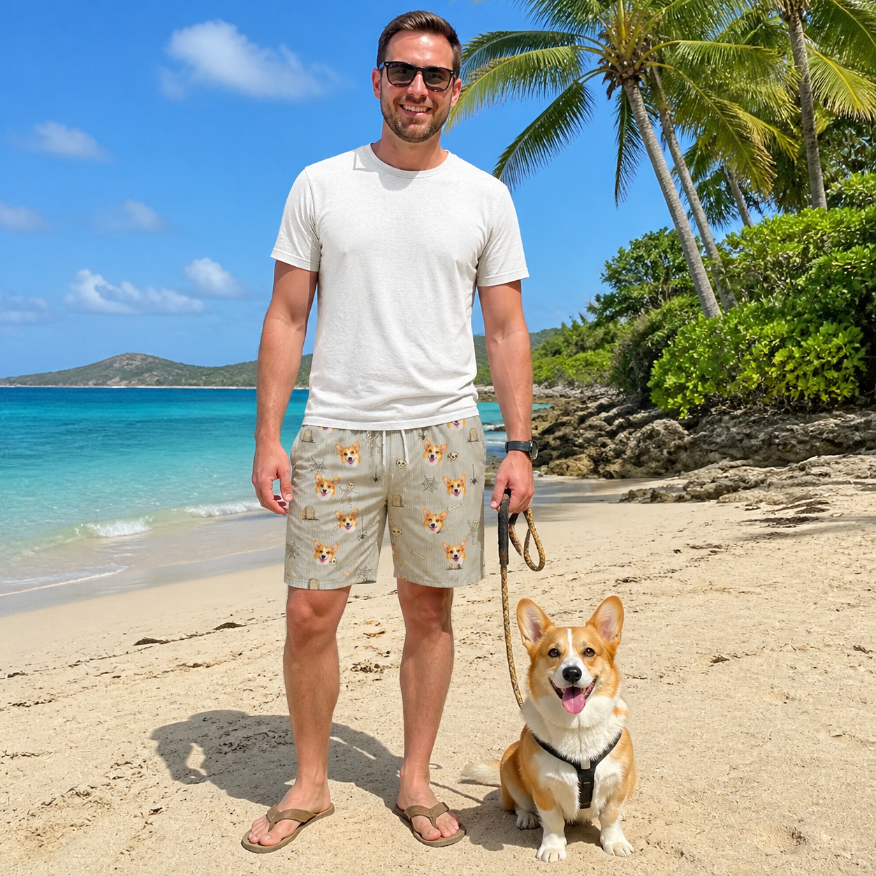 Full-length photo with the pet printed all over this Men's Tombstone Tango Custom Dog Face Beach Shorts