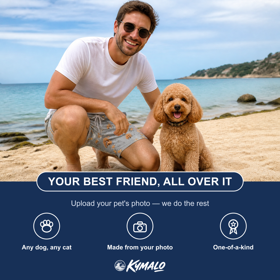 Friends in matching Men's Tombstone Tango Custom Dog Face Beach Shorts — a group gift photo