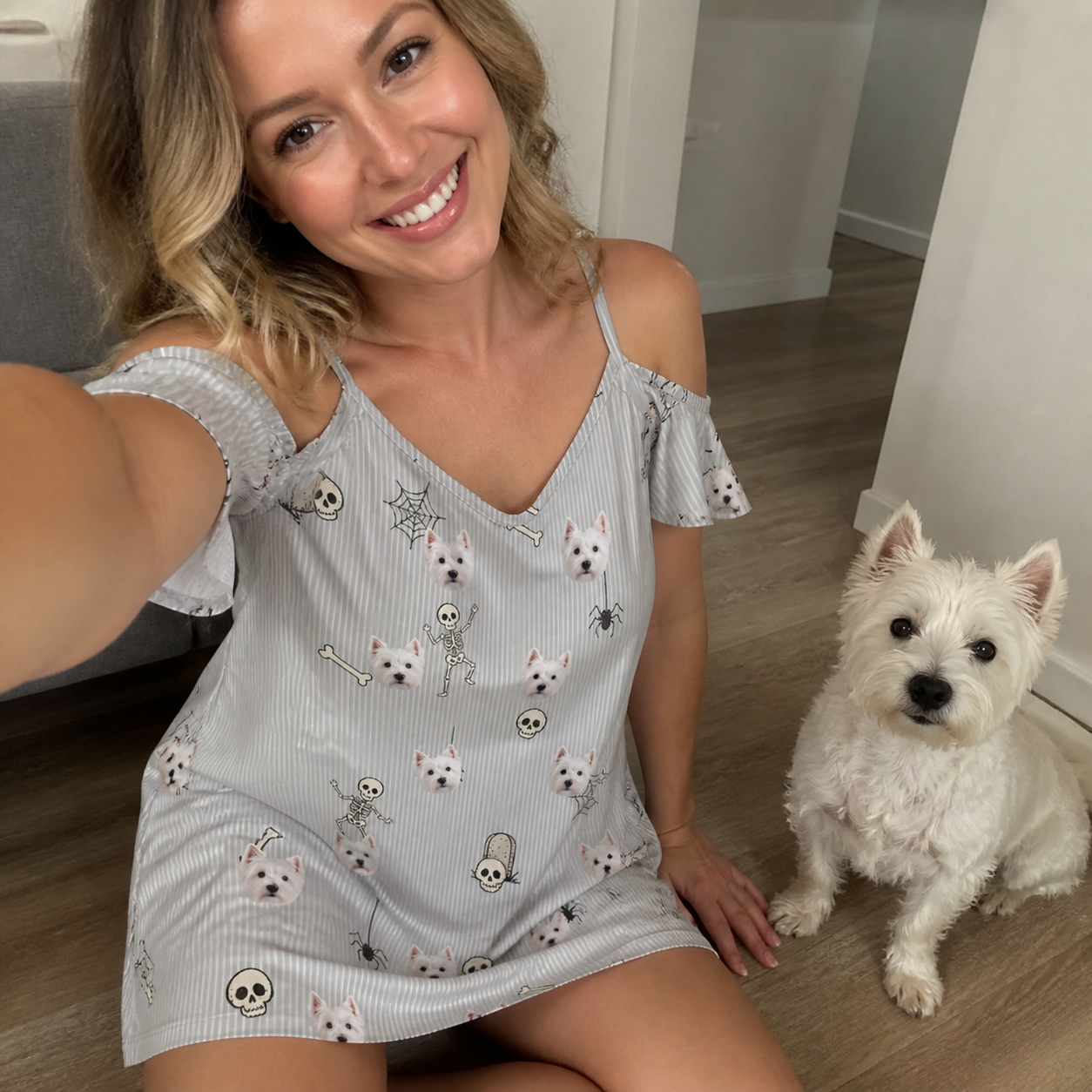 Selfie with the pet whose face is printed all over this Women's Tombstone Tango Custom Dog Face Off-Shoulder Dress