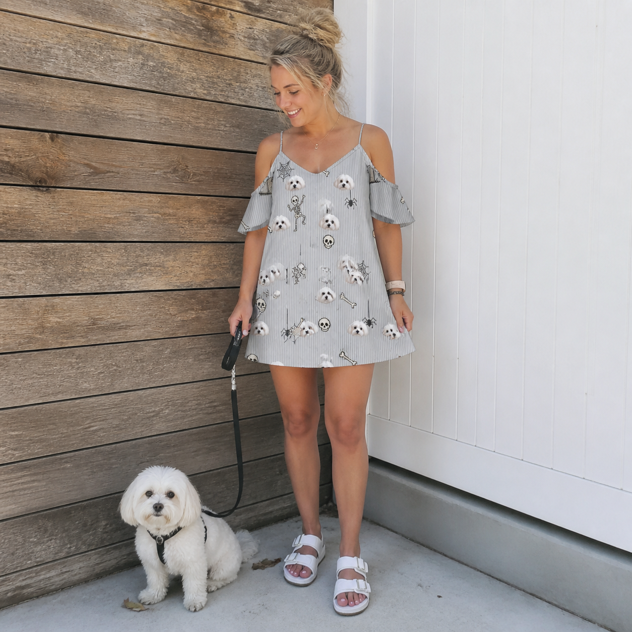 Full-length photo with the pet printed all over this Women's Tombstone Tango Custom Dog Face Off-Shoulder Dress