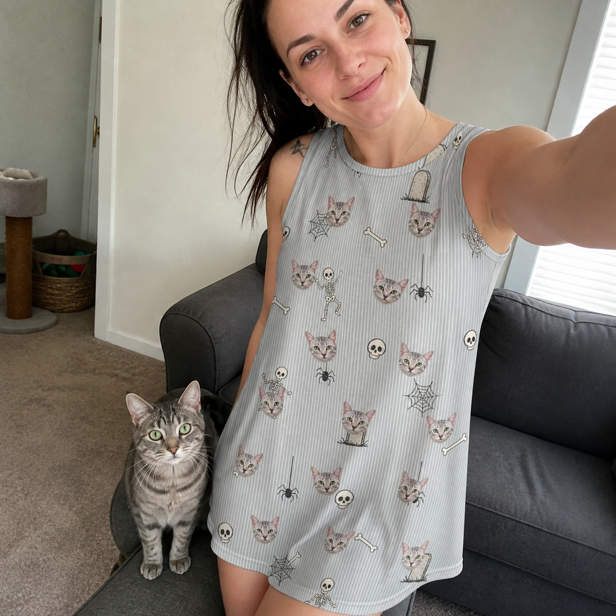 Selfie with the pet whose face is printed all over this Women's Tombstone Tango Custom Cat Face Tank Dress
