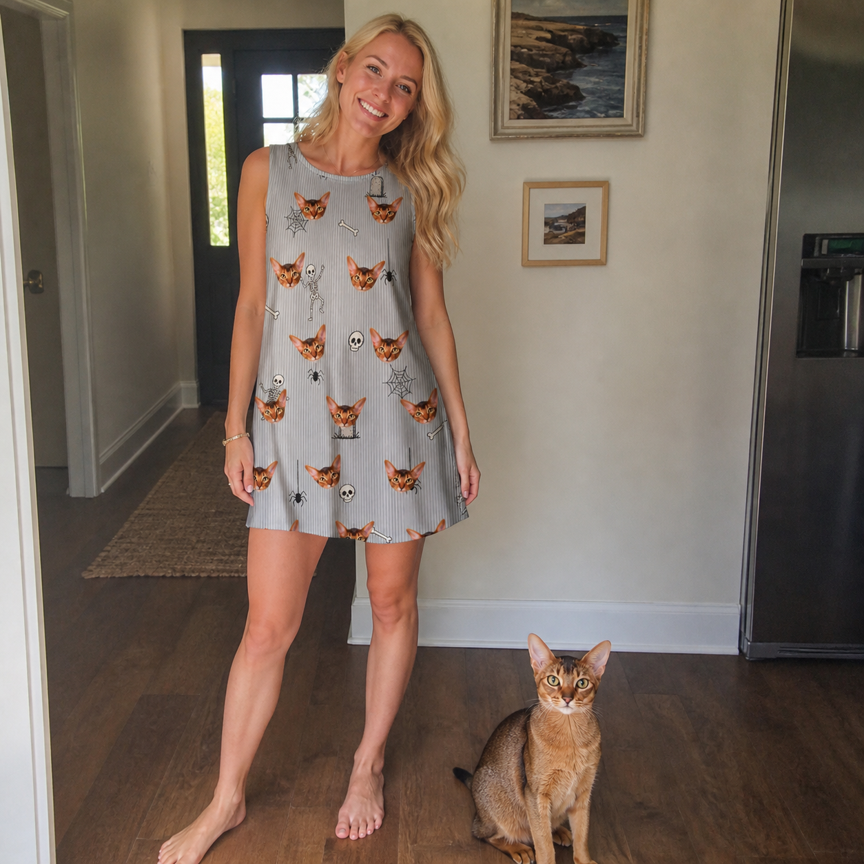 Full-length photo with the pet printed all over this Women's Tombstone Tango Custom Cat Face Tank Dress