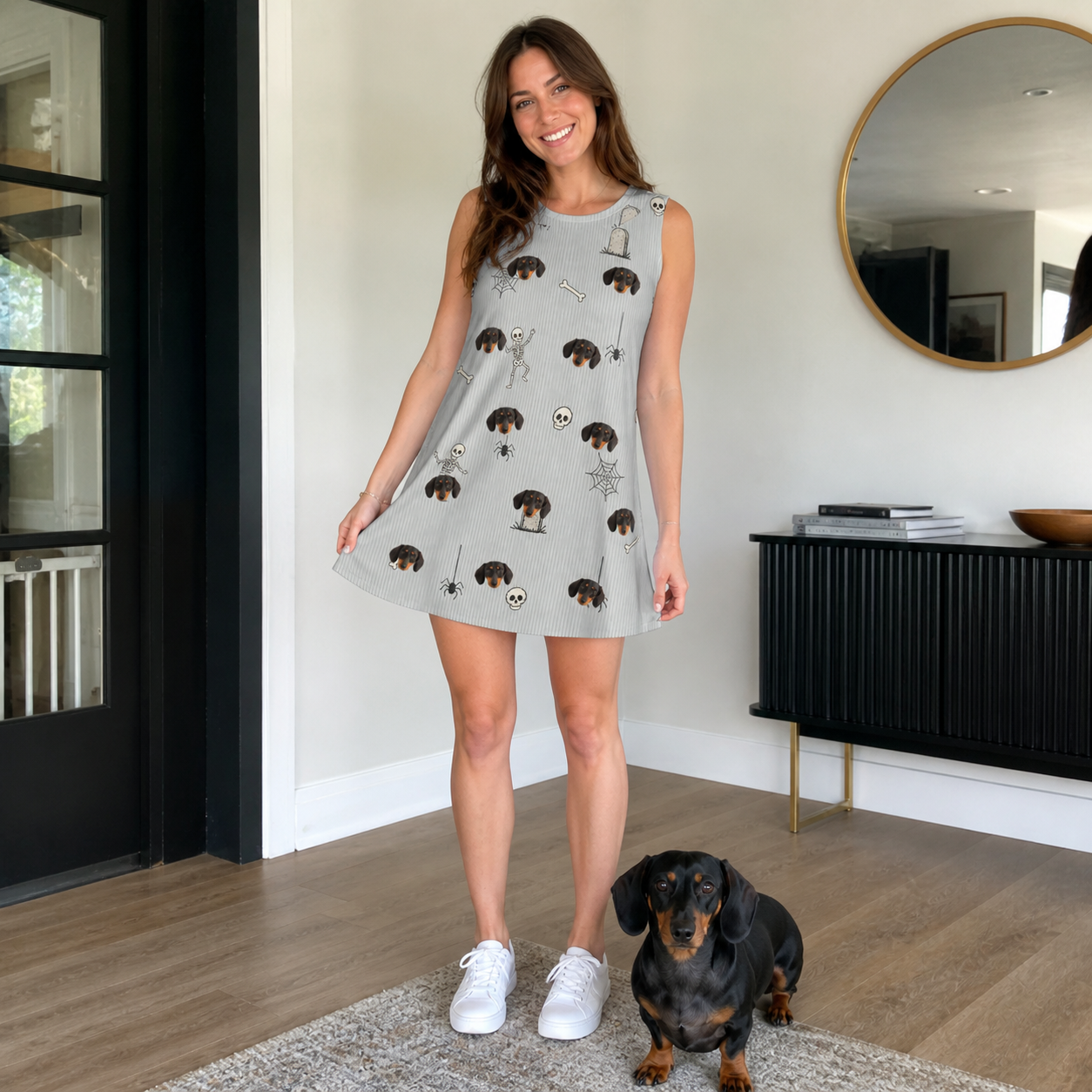 Full-length photo with the pet printed all over this Women's Tombstone Tango Custom Dog Face Tank Dress