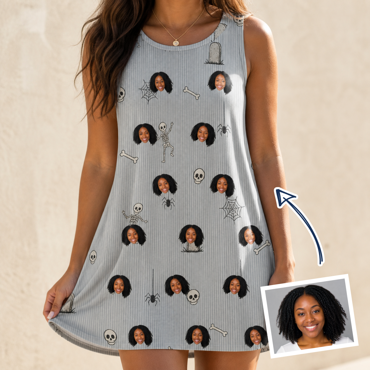 Woman wearing Women's Tombstone Tango Custom Face Tank Dress — custom faces printed all-over
