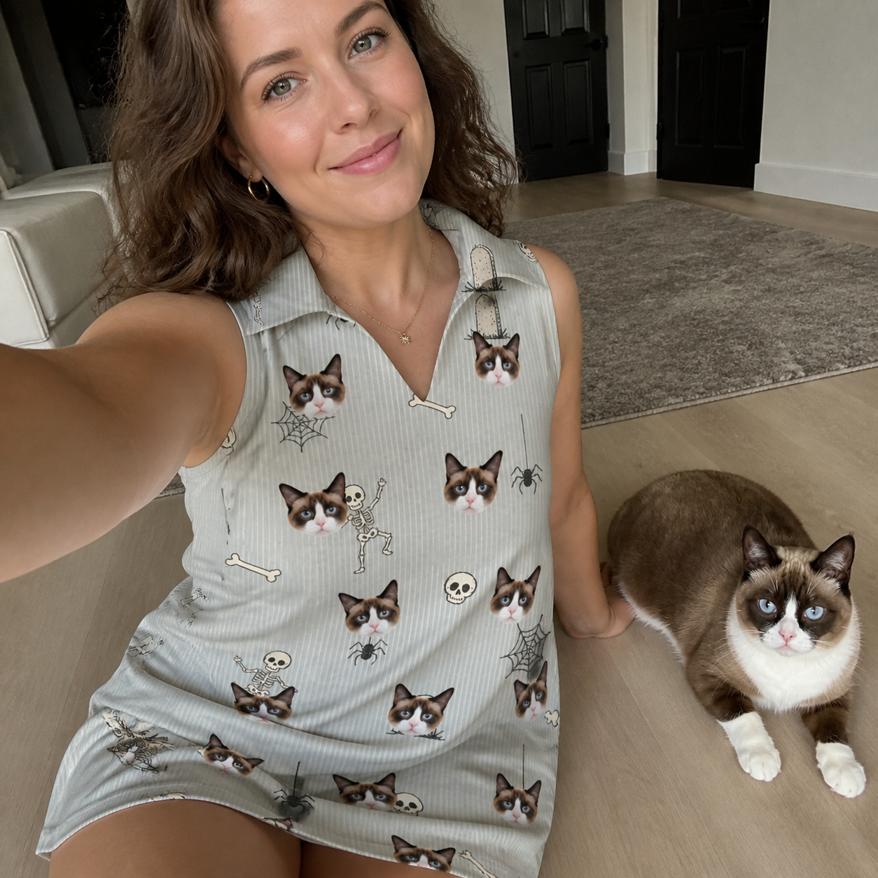Selfie with the pet whose face is printed all over this Women's Tombstone Tango Custom Cat Face V-Neck Dress