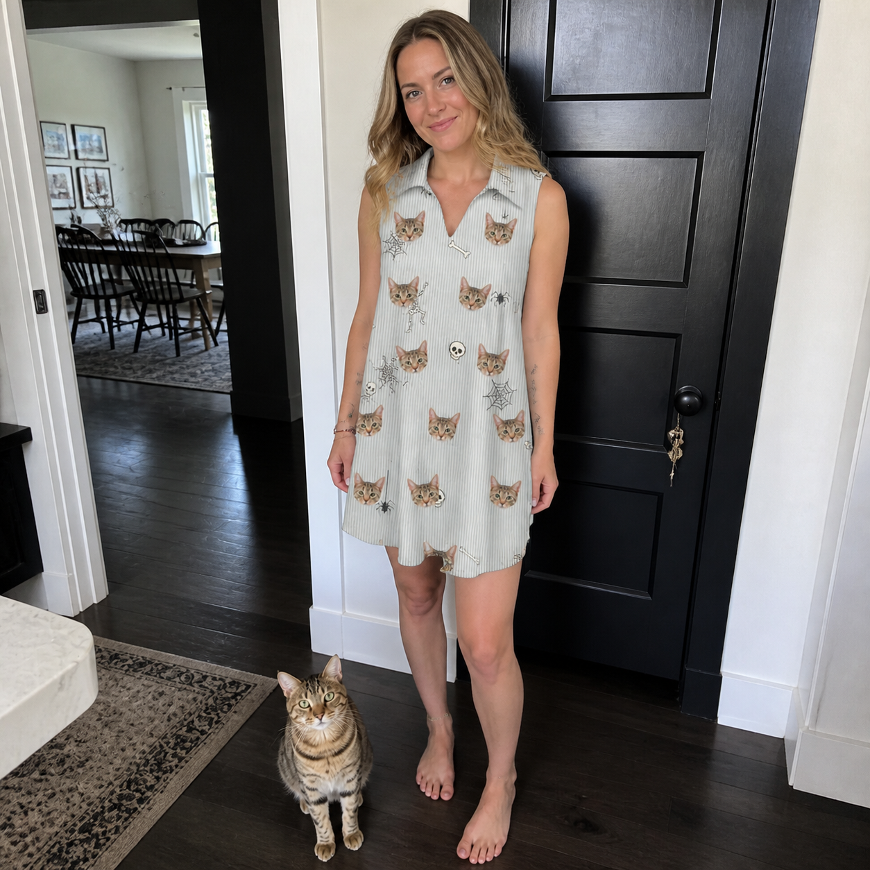 Full-length photo with the pet printed all over this Women's Tombstone Tango Custom Cat Face V-Neck Dress