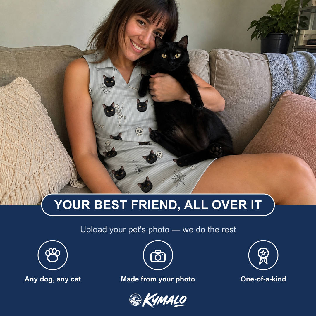 Friends in matching Women's Tombstone Tango Custom Cat Face V-Neck Dress — a group gift photo