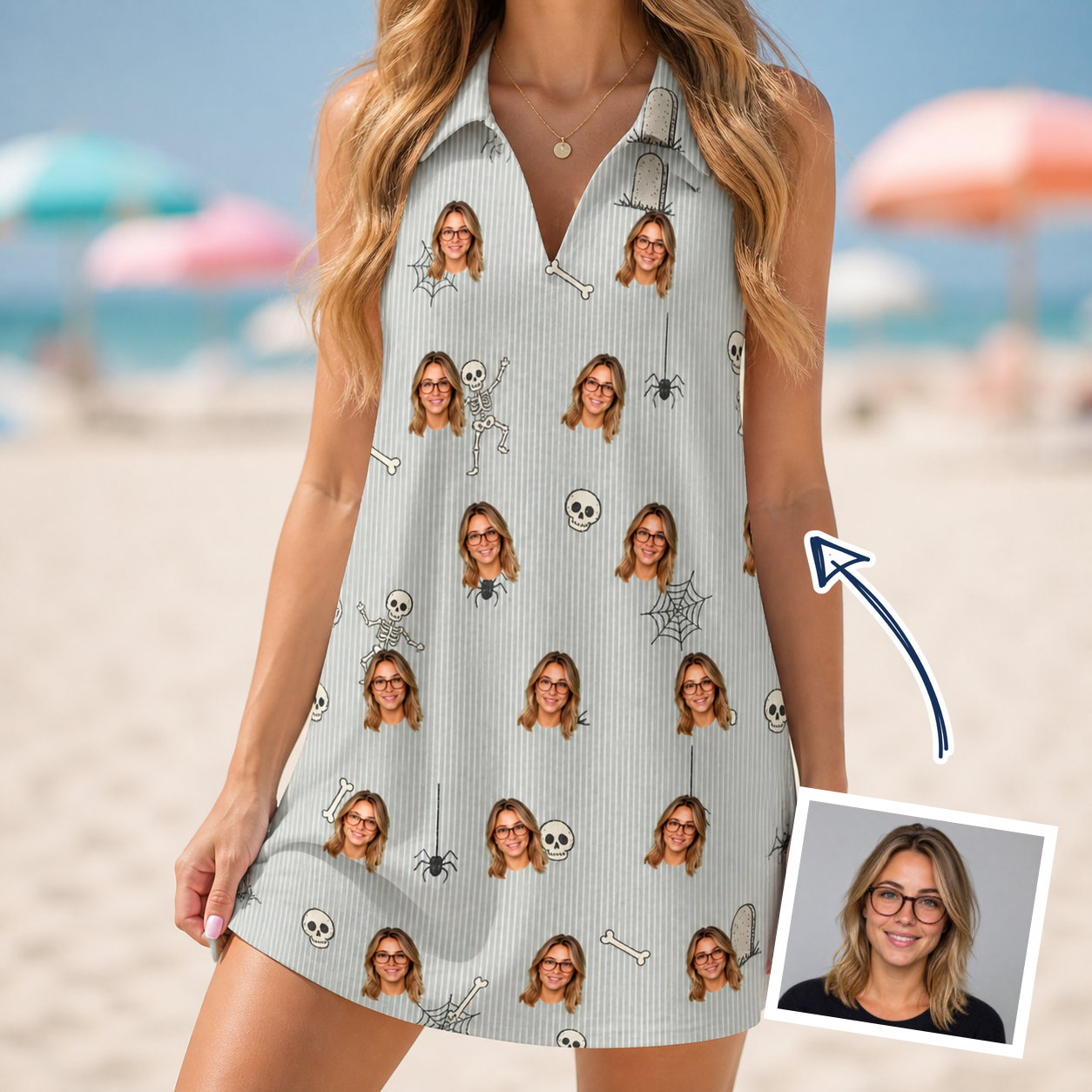 Woman wearing Women's Tombstone Tango Custom Face V-Neck Dress — custom faces printed all-over