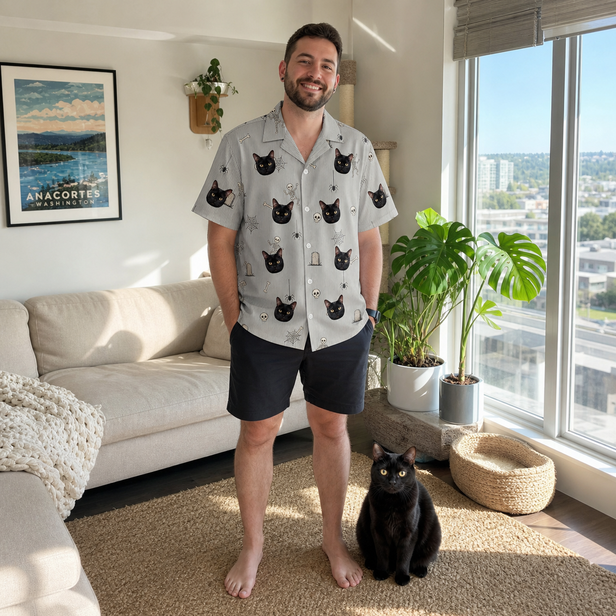 Full-length photo with the pet printed all over this Men's Tombstone Tango Custom Cat Face Hawaiian Shirt