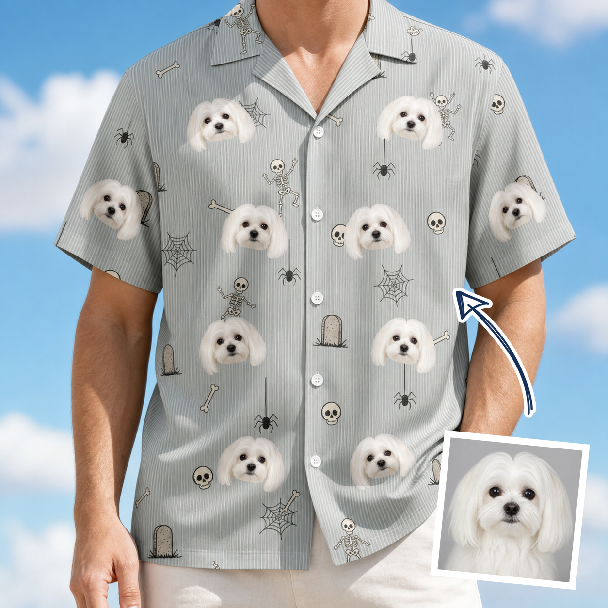 Man wearing Men's Tombstone Tango Custom Dog Face Hawaiian Shirt — custom faces printed all-over