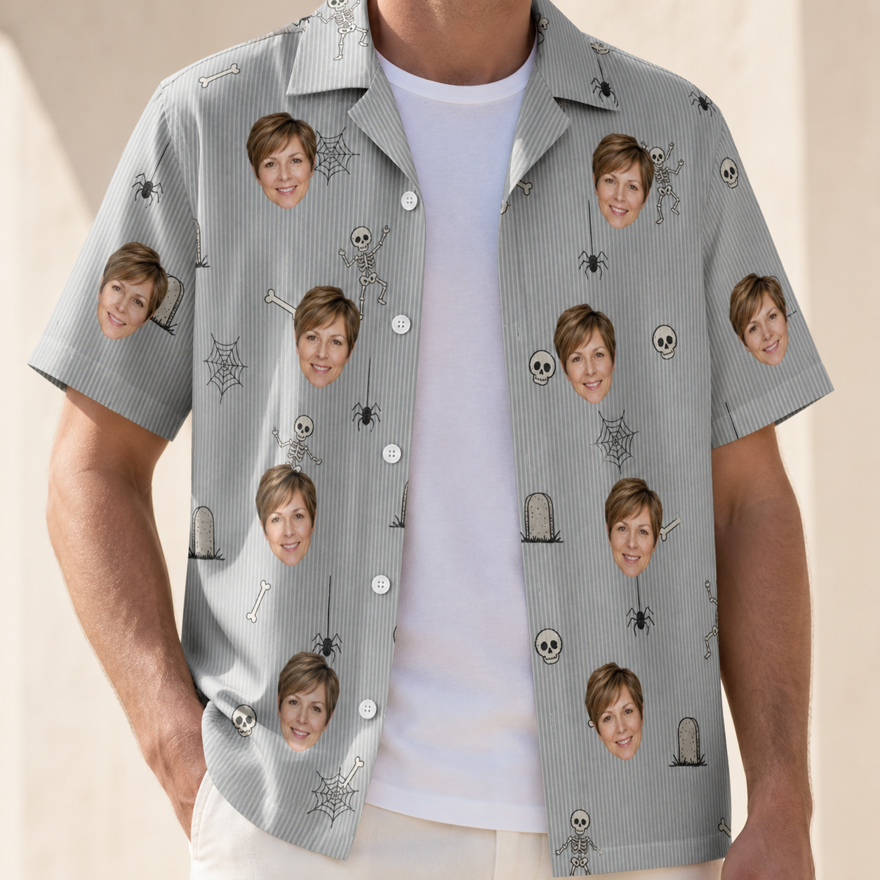 Man wearing Men's Tombstone Tango Custom Face Hawaiian Shirt open over a white tee