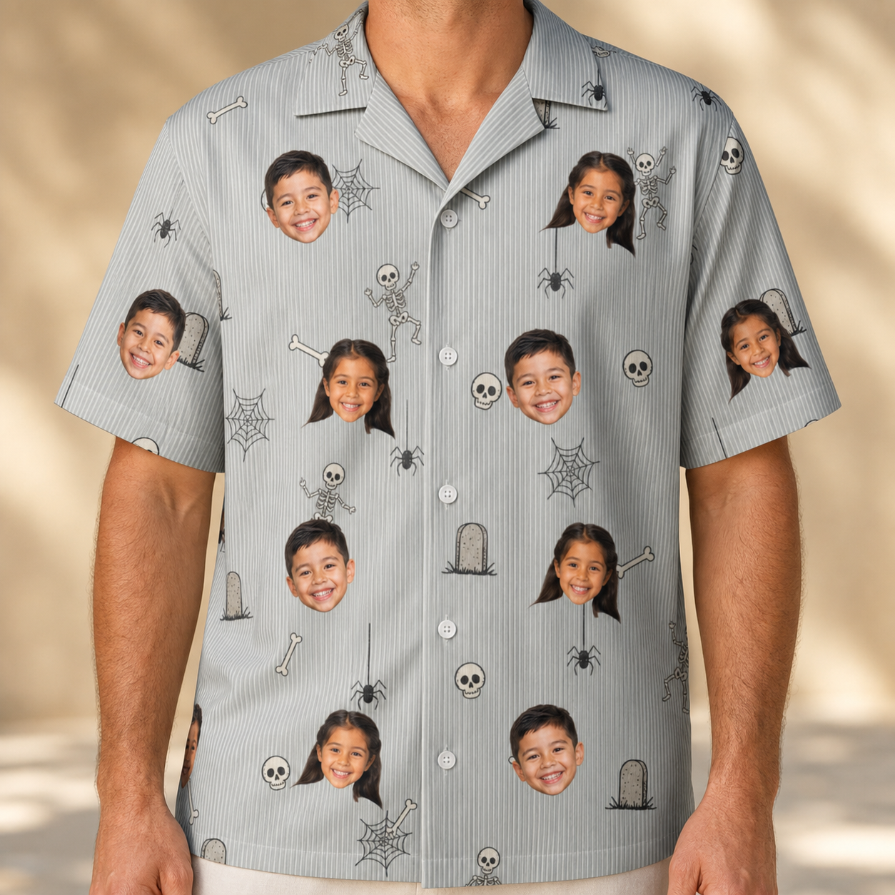 Model wearing Men's Tombstone Tango Custom Face Hawaiian Shirt printed with kids' faces