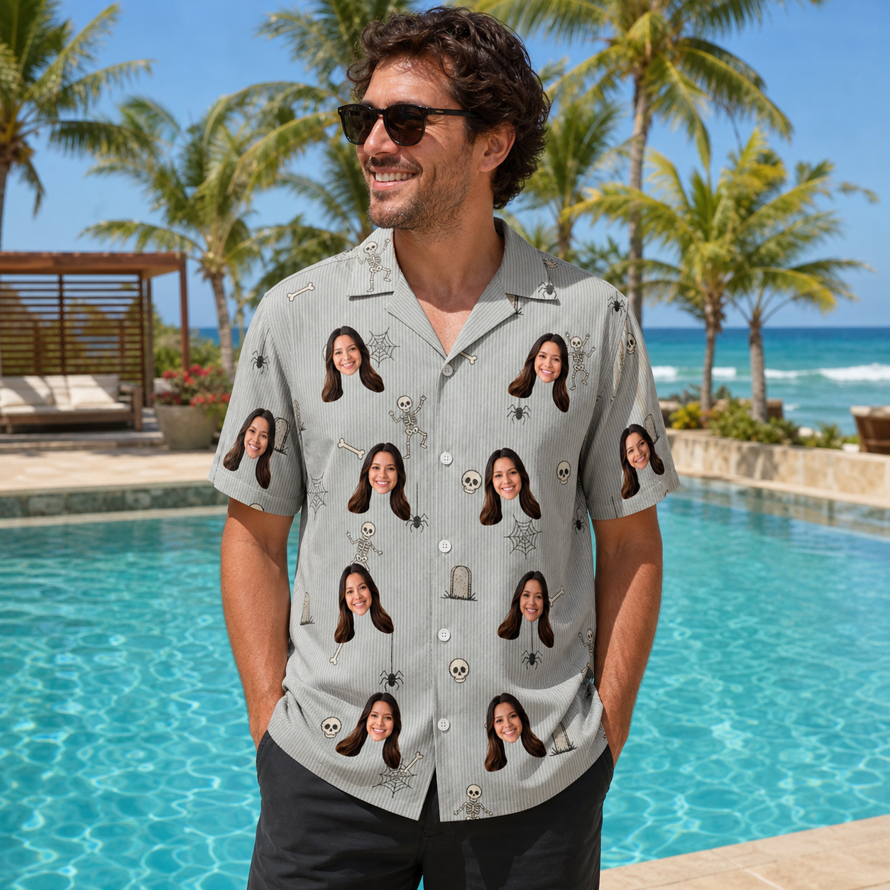 Real-life photo of someone wearing Men's Tombstone Tango Custom Face Hawaiian Shirt — custom faces printed all-over