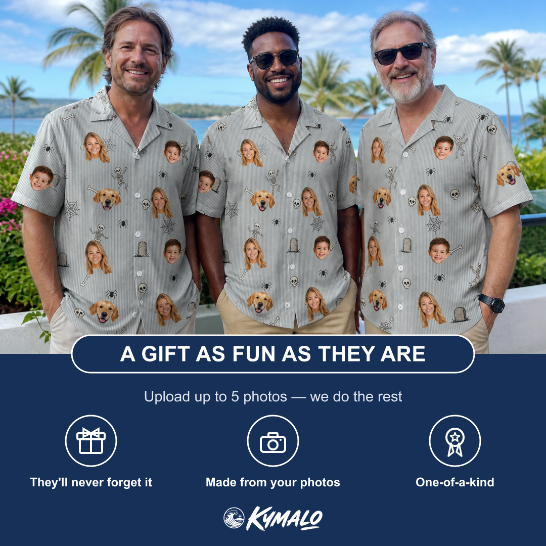 Friends in matching Men's Tombstone Tango Custom Face Hawaiian Shirt — a group gift photo