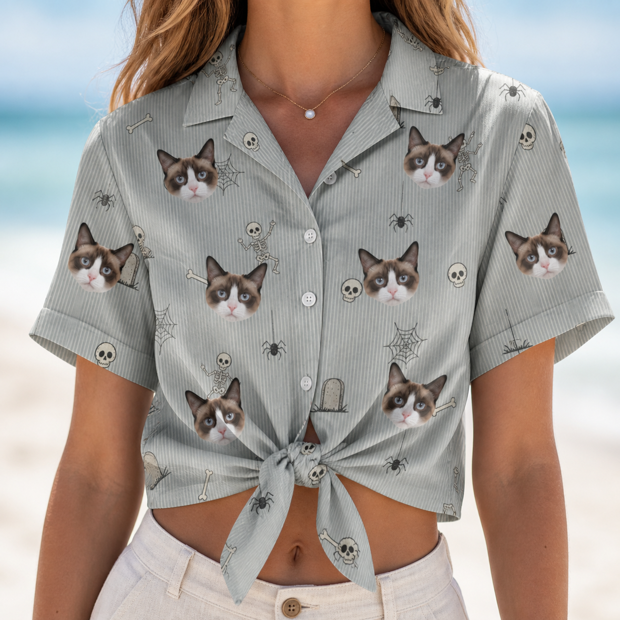 Woman wearing Women's Tombstone Tango Custom Cat Face Hawaiian Shirt tied at the waist