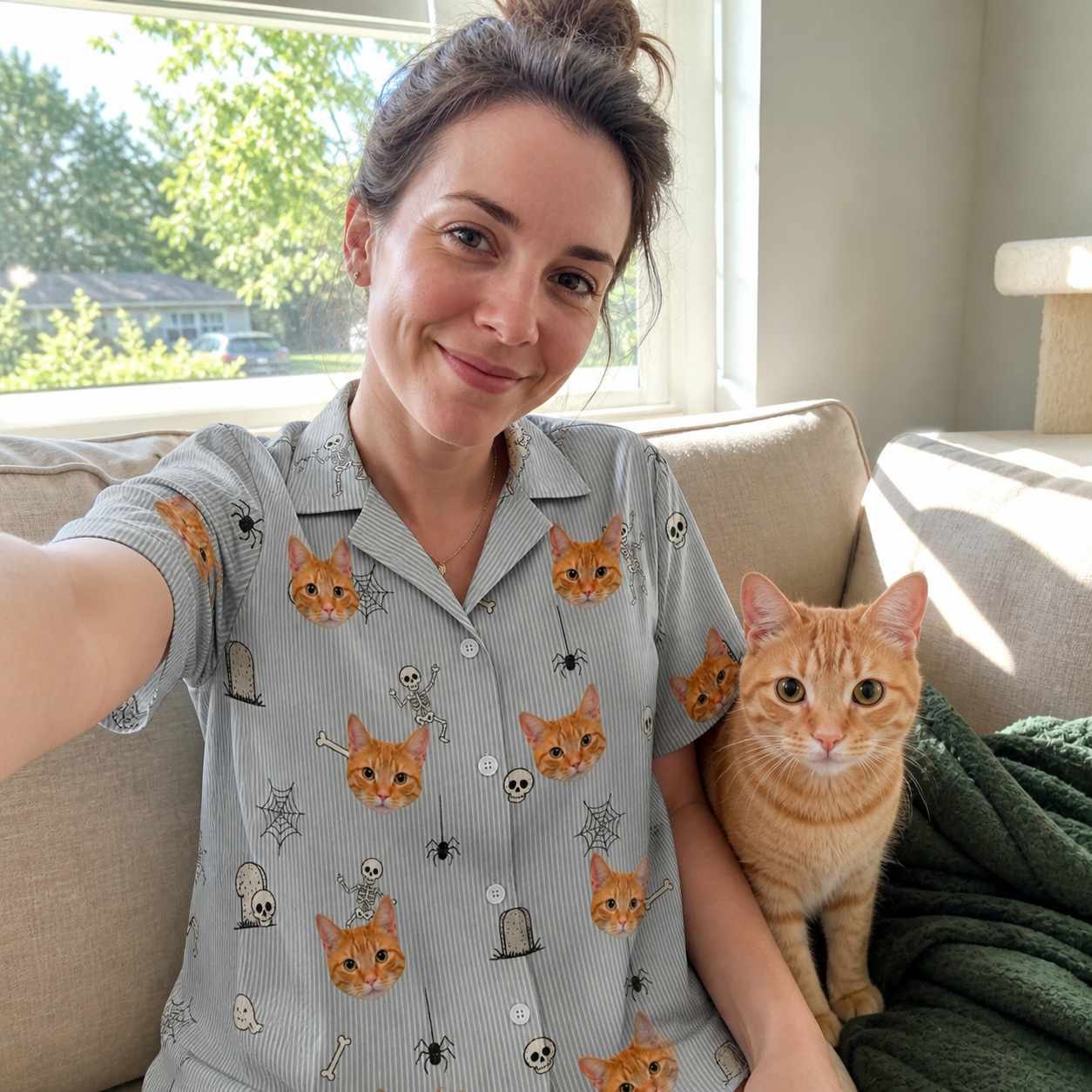 Selfie with the pet whose face is printed all over this Women's Tombstone Tango Custom Cat Face Hawaiian Shirt