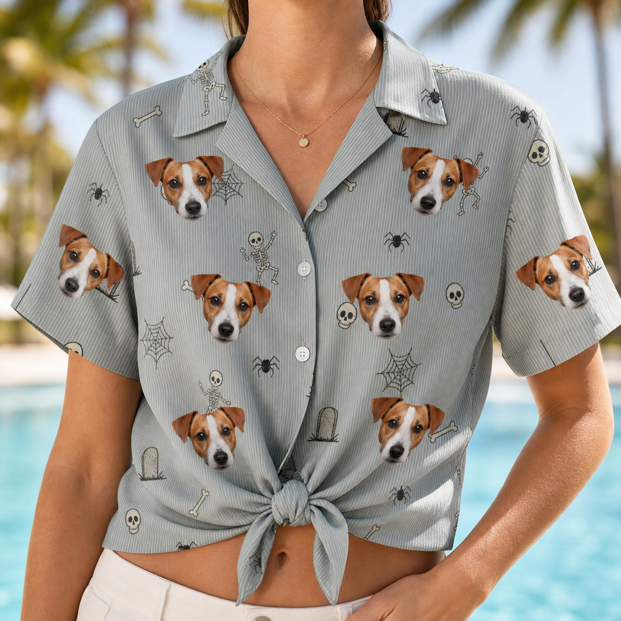 Woman wearing Women's Tombstone Tango Custom Dog Face Hawaiian Shirt tied at the waist