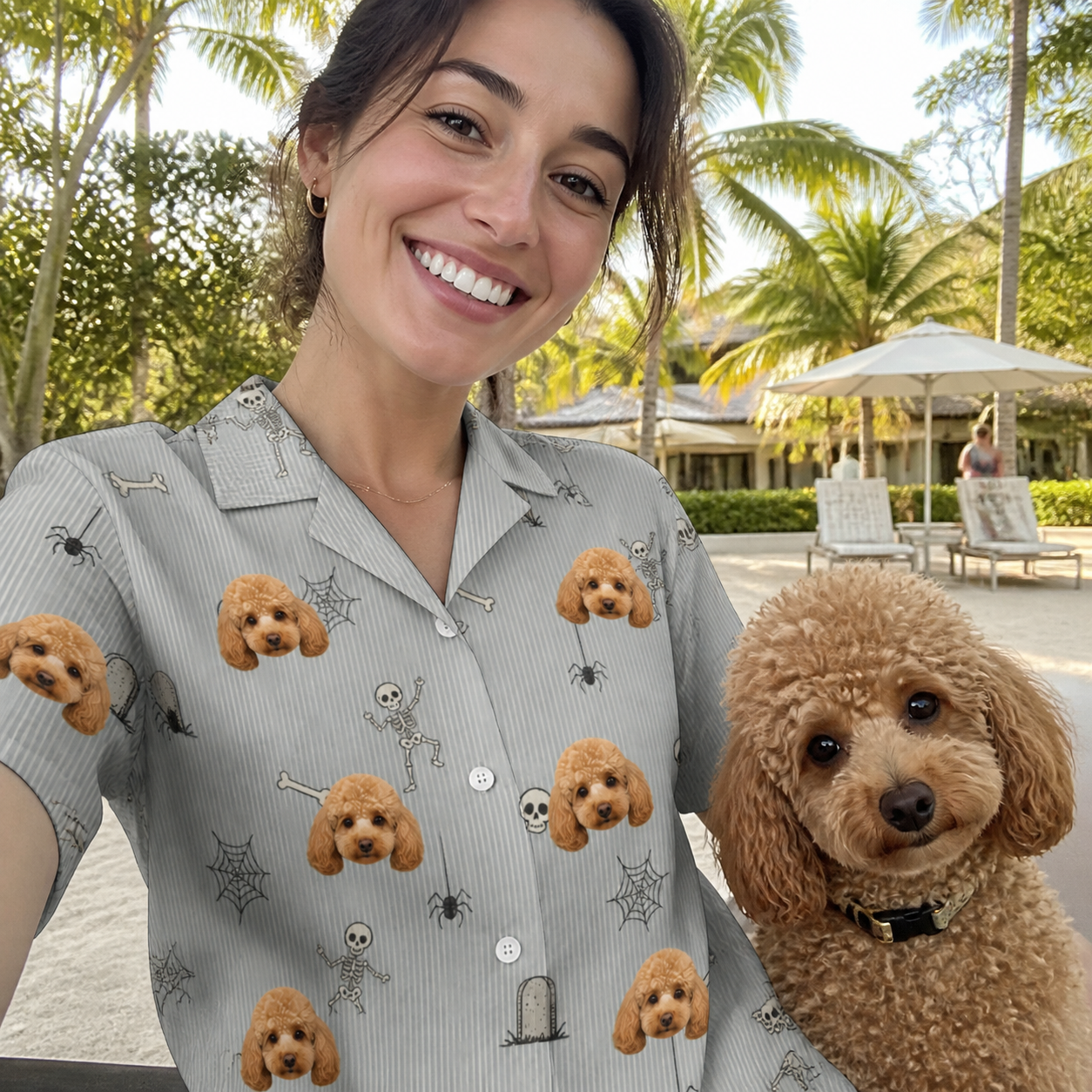 Selfie with the pet whose face is printed all over this Women's Tombstone Tango Custom Dog Face Hawaiian Shirt