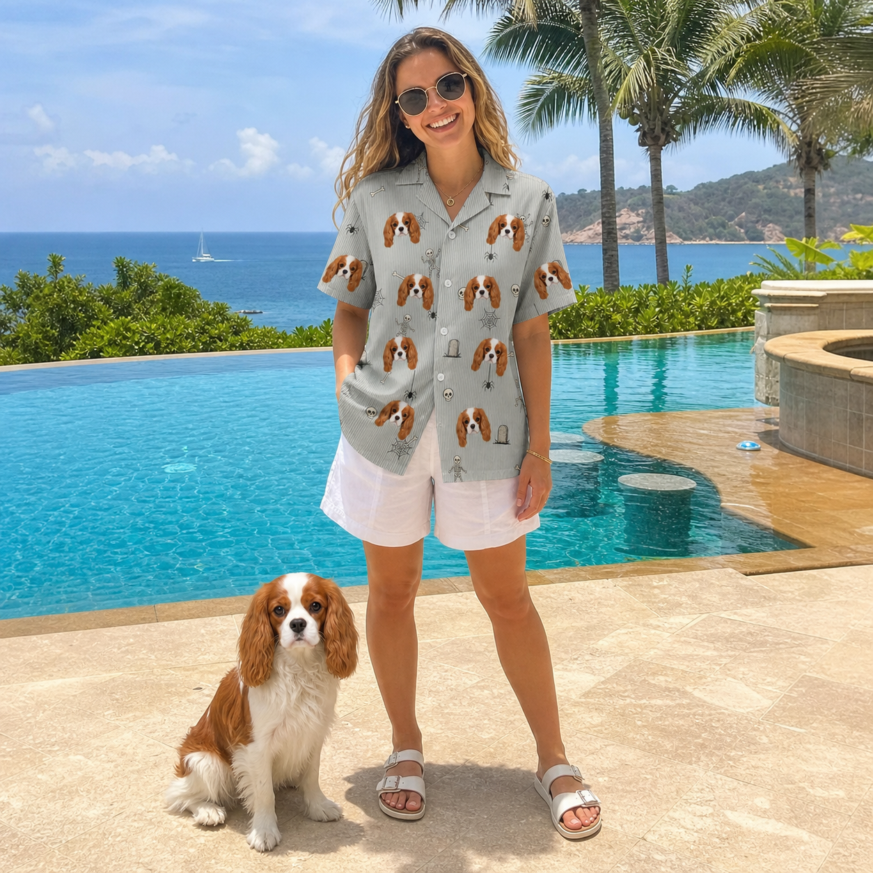 Full-length photo with the pet printed all over this Women's Tombstone Tango Custom Dog Face Hawaiian Shirt