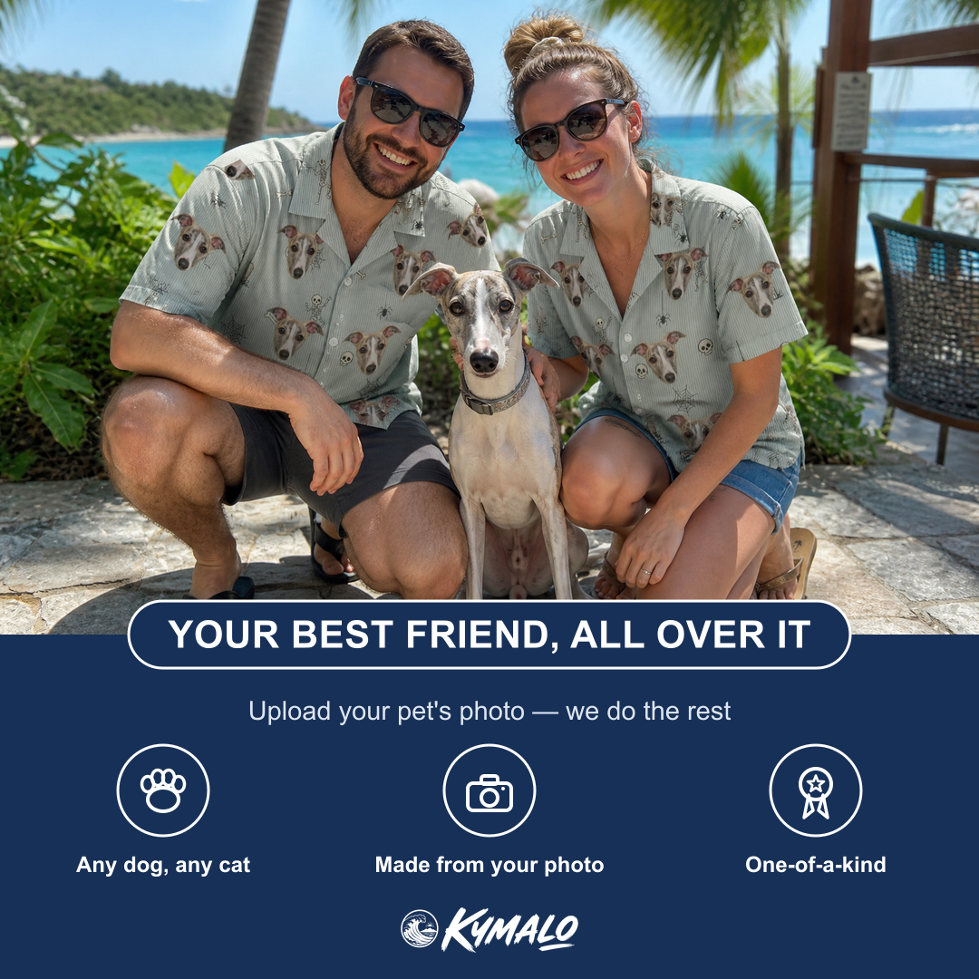 Friends in matching Women's Tombstone Tango Custom Dog Face Hawaiian Shirt — a group gift photo