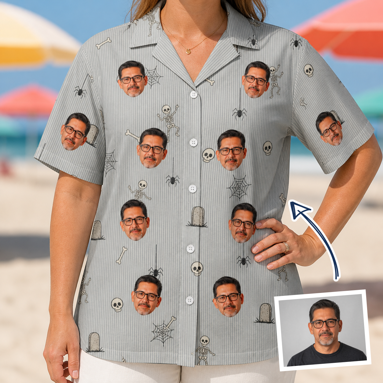 Woman wearing Women's Tombstone Tango Custom Face Hawaiian Shirt — custom faces printed all-over